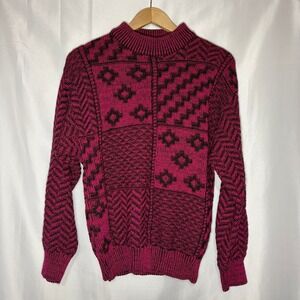 Vintage Lerner Magenta Pink Black Geo Patchwork‎ Heavy Knit Sweater Mock Neck